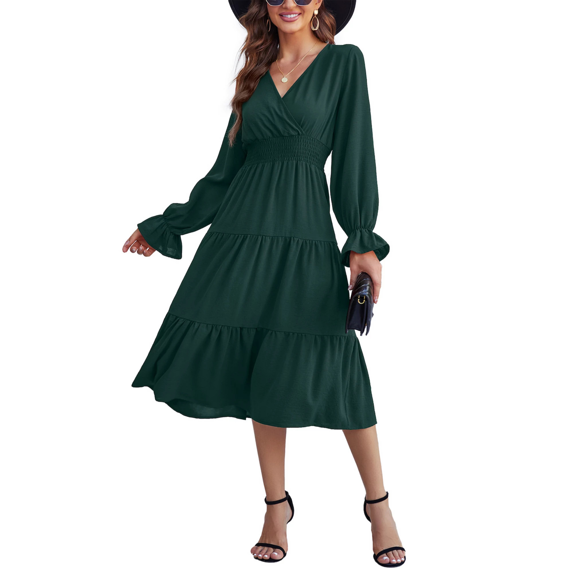 Women's Casual Wrap V Neck Midi Dress Long Sleeve Smocked Waist Tiered A Line Pleated Flowy Dress... | Kohl's