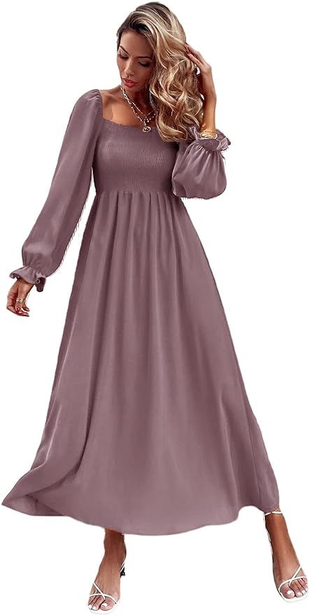 Floerns Women's Boho Square Neck Smocked Long Puff Sleeve A Line Maxi Dress | Amazon (US)