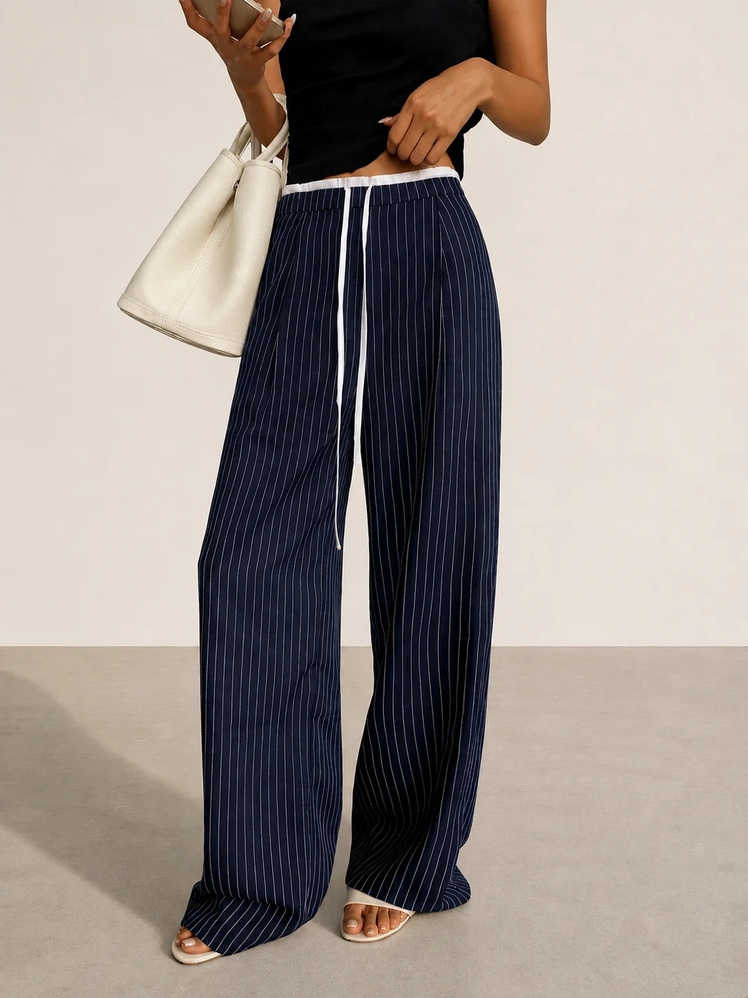 Contrast Waistband Drawstring Pinstripe Pants | Commense