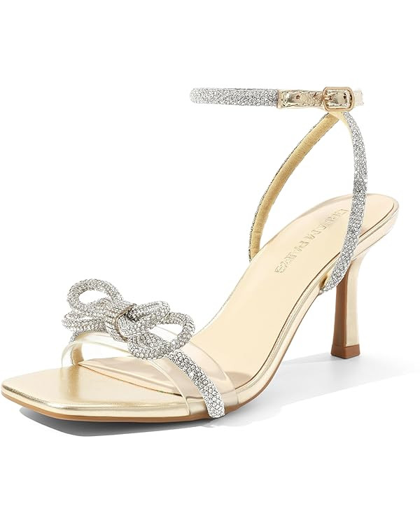 DREAM PAIRS Women's Double Bowknots Heels Open Square Toe Ankle Strap Crystal Rhinestone Dress Sa... | Amazon (US)
