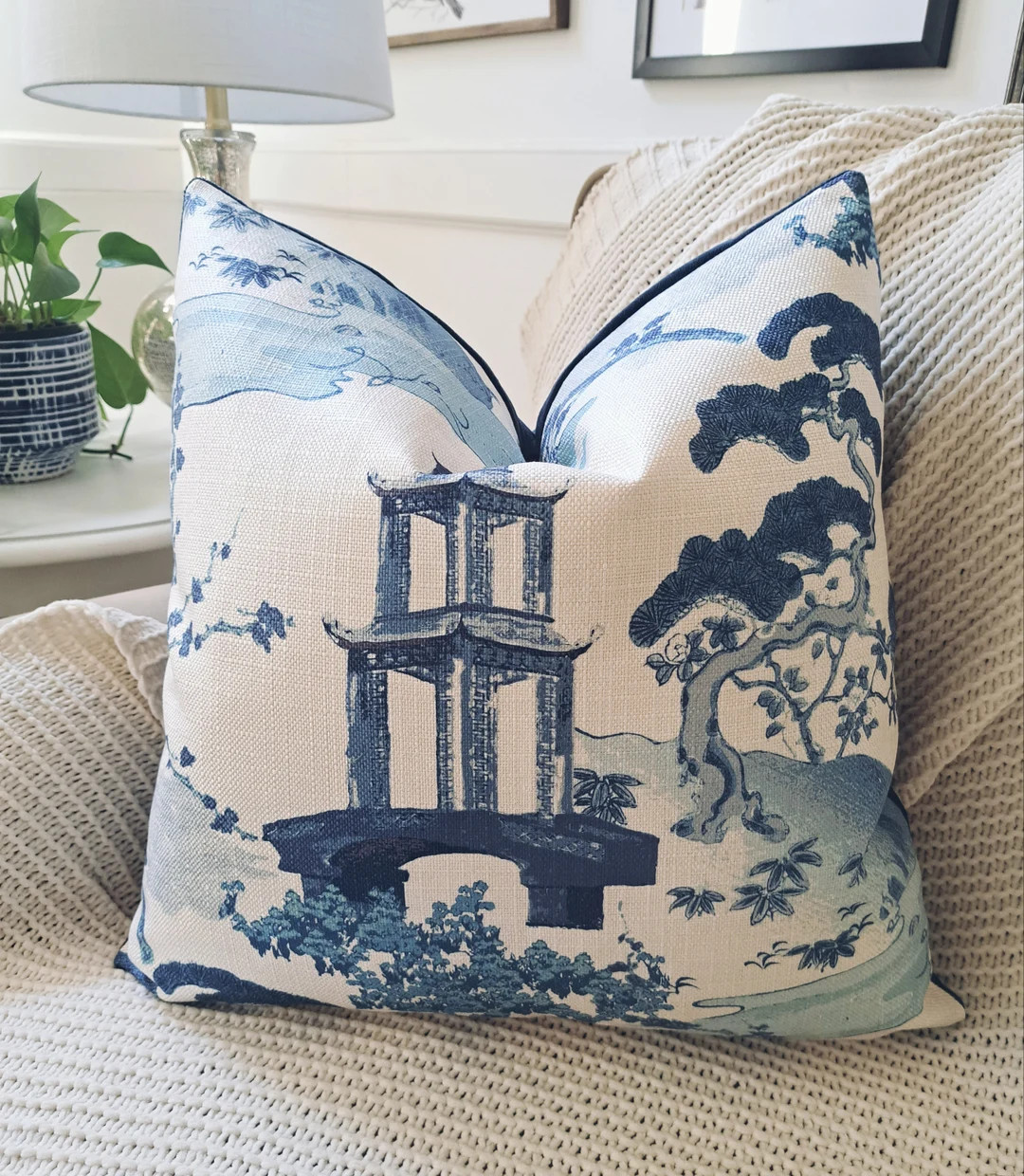 BLUE and White Pagoda Chinoiserie Print Pillow Cover - Etsy | Etsy (US)