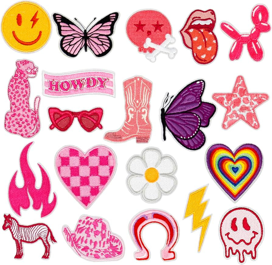 20Pcs Preppy Iron on Patches Pink Cowgirl Sew on Embroidered Applique Patches Y2K Repair Patch DI... | Amazon (US)