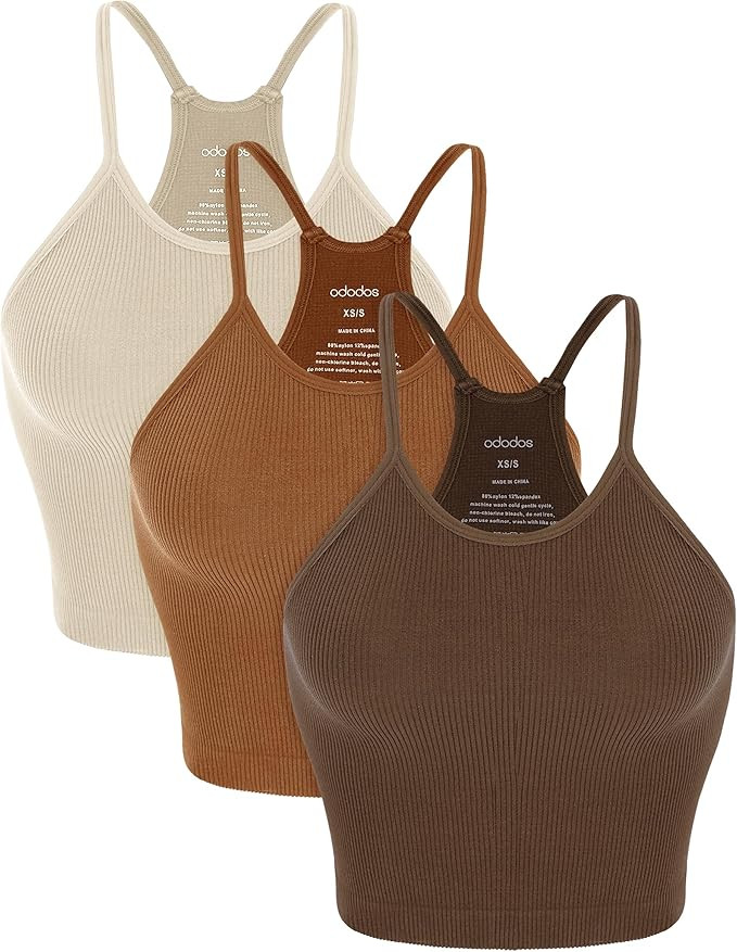 ODODOS Women's Crop 3-Pack Washed Seamless Rib-Knit Camisole Crop Tank Tops | Amazon (US)