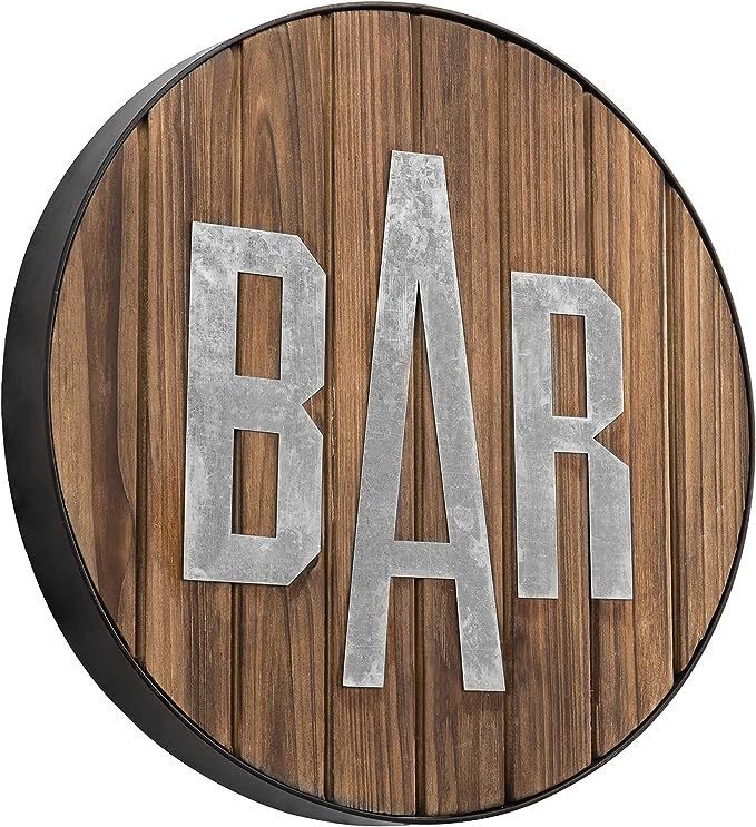 MyGift Rustic Round Burnt Wood & Galvanized Bar Sign Wall Decor | Amazon (US)