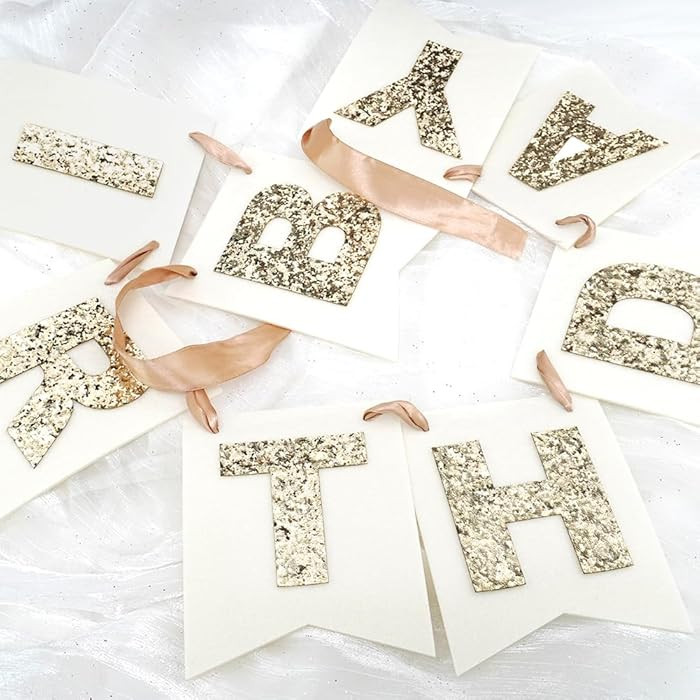 Felt Happy Birthday Banner with Glitter Letters, Cream White Boho Groovy Garland, Reusable Gold G... | Amazon (US)