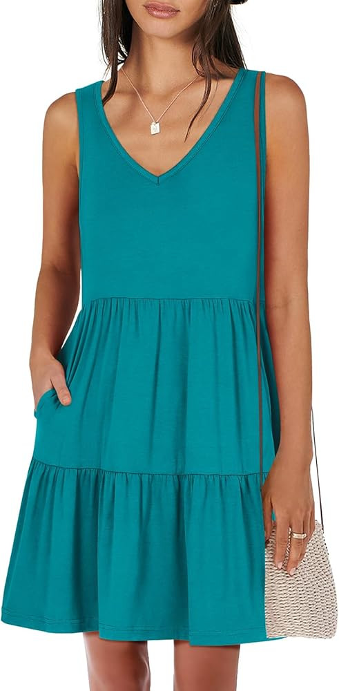 ANRABESS Womens Summer Casual Tank Dress Sleeveless V Neck T Shirt Sundress Flowy Tiered Swing Mi... | Amazon (US)
