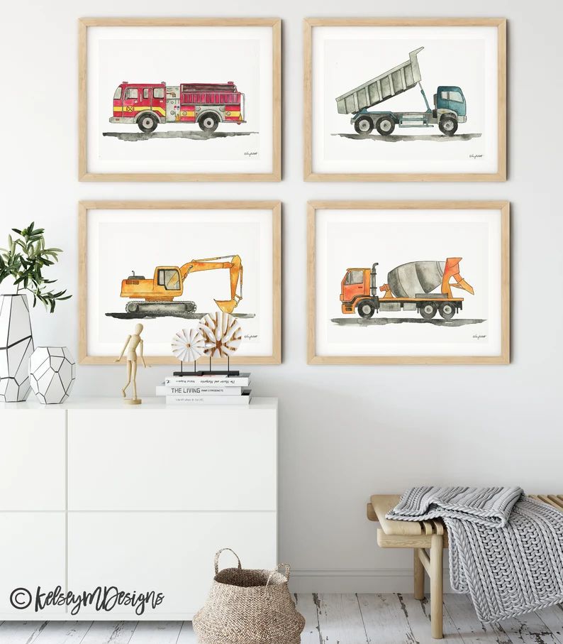 Set of 4 Construction Vehicle Prints, Kids Gallery Wall Set, Truck Wall Art, Fire Truck Print Nur... | Etsy (US)