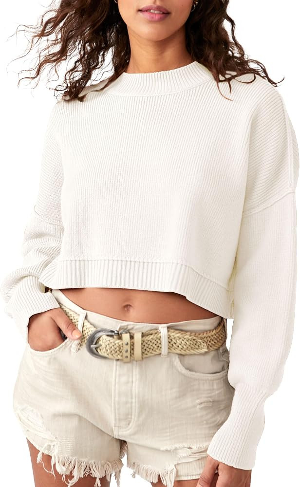 Women's Crewneck Cropped Sweater 2024 Fall Fashion Oversized Batwing Sleeve Knit Side Slit Pullov... | Amazon (US)