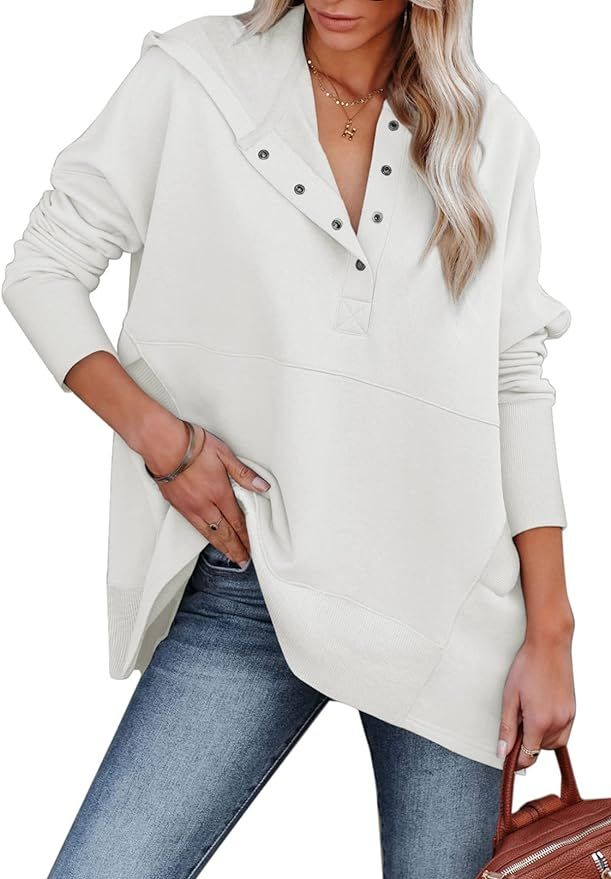 AlvaQ Women White Sweatshirt V Neck Long Sleeve Button Up Pullover Hoodies Oversize Hooded Tops w... | Amazon (US)
