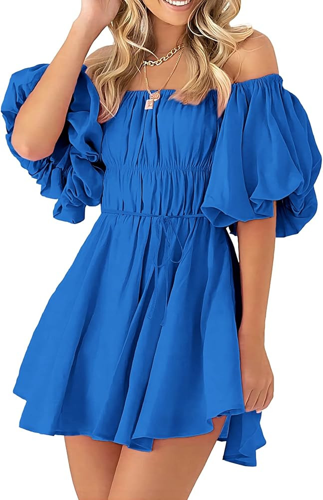 PRETTYGARDEN Women's Off The Shoulder Babydoll Dress Short Puff Sleeve Casual A Line Ruffle Summe... | Amazon (US)