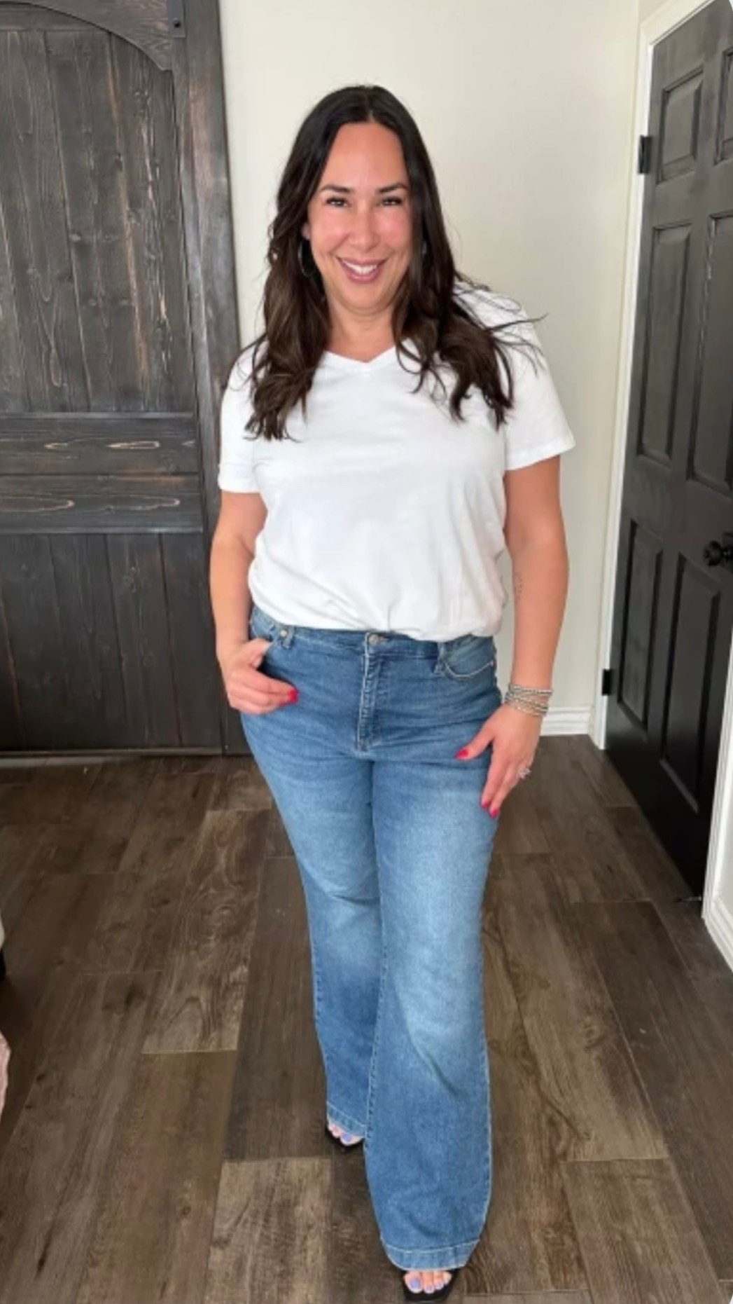 I will forever be a jeans and tee girl and these $25 midsize jeans are mom pooch friendly and these make me feel confident and they are super slimming. I paired them with a cute basic v neck tee, silver bracelets and black sandals.  
Casual mom outfit inspiration 

#LTKMidsize #LTKOver40 #LTKSeasonal