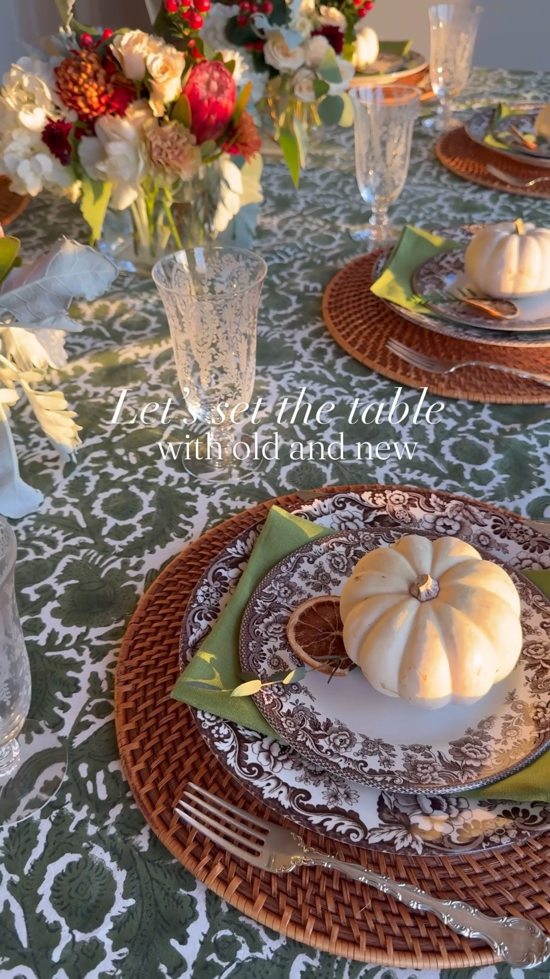 Sharing this year's Thanksgiving tablescape with a mix of old and new favorites. I layered a green floral tablecloth with wicker chargers, brown and white Spode, and olive linen napkins for a warm fall palette. Vintage glasses and silver add that collected look I love, while mini cream pumpkins, dried orange slices, and fresh greenery bring in soft, natural texture.
Candlelight ties everything together for a cozy holiday glow.
Everything I used (or similar options) is linked here so you can recreate the look for your own table.

#ltkhome #ltkholiday #ltktablescape #ltkhost #ltkdecor #ltkfinds #ltkseasonal


#LTKfoodie #LTKHoliday #LTKHome
