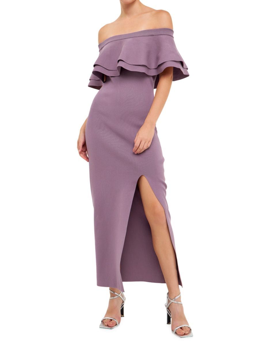 Off The Shoulder Ruffle Midi Dress With Leg Slit | Saks Fifth Avenue