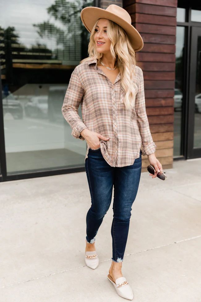 Start The Day Right Beige Plaid Flannel Blouse | The Pink Lily Boutique