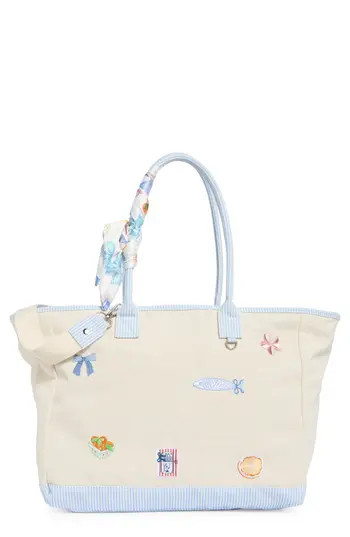 Madden Girl Embroidered Canvas Tote Bag in Natural Blue Stripe at Nordstrom Rack | Nordstrom Rack