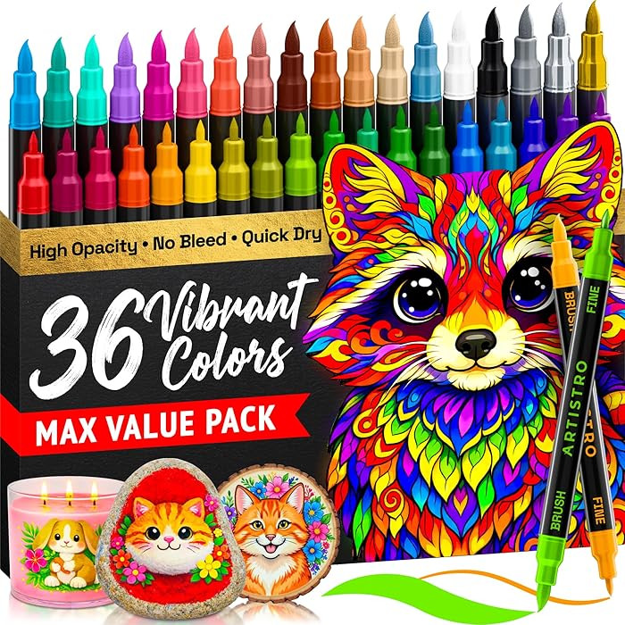 ARTISTRO 36 Acrylic Paint Markers - Paint Pens for Drawing, Brush + Fine Tips - For Fabric, Rock,... | Amazon (US)