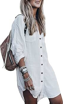 Women’s Swimsuit Cover up,Silky Button Down Shirt Midi Dress Kimono,Summer Bathing Suit Beach C... | Amazon (US)