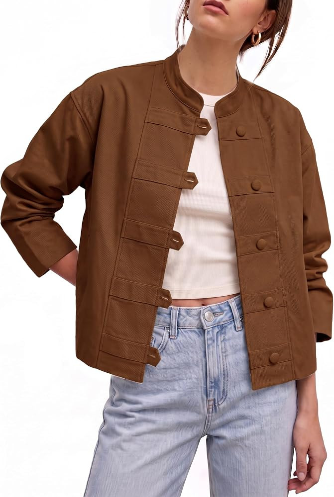 Tankaneo Women Button Down Jackets Cropped Stand Collar Lightweight Coats | Amazon (US)