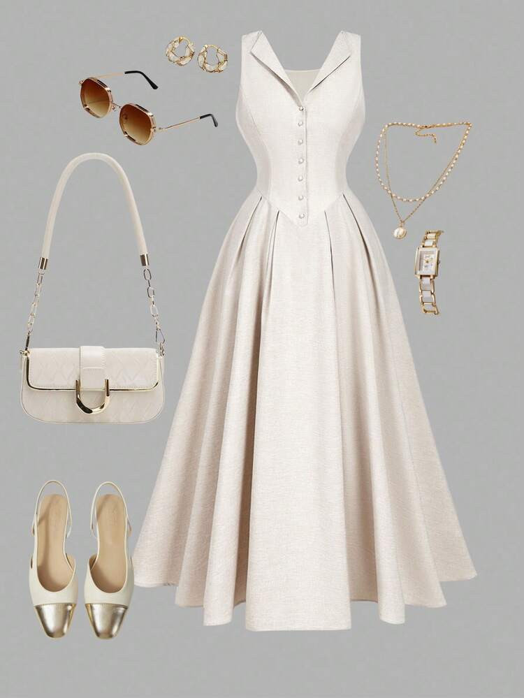 SHEIN MOD elegant Beige Button Midi Dress | SHEIN