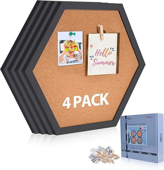 AkTop Cork Bulletin Board Hexagon 4 Pack, Small Framed Corkboard Tiles for Wall, Thick Decorative... | Amazon (US)