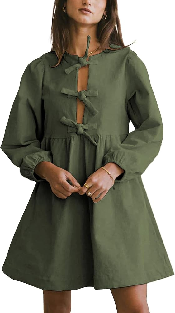 Womens Casual A-Line Mini Dress Corduroy Oversized Crewneck Long Puff Sleeve Bow Tie Front Babydo... | Amazon (US)