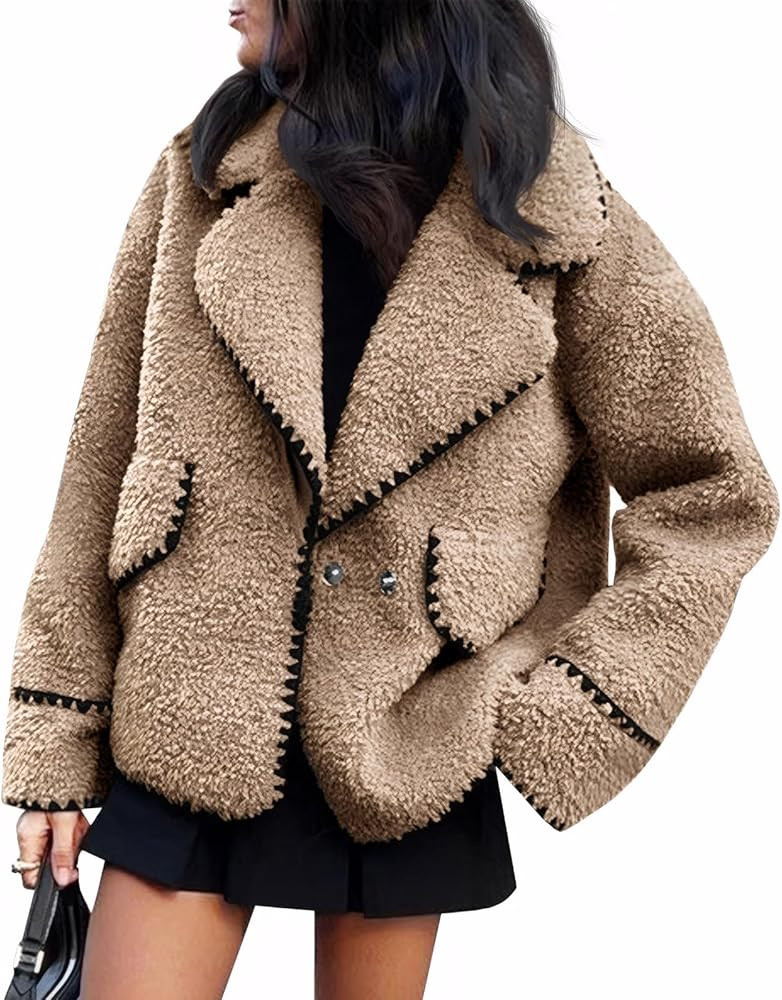 Cicy Bell Womens Sherpa Fleece Jacket Casual Collar V Neck Fuzzy Coats Contrast Trims Open Front ... | Amazon (US)
