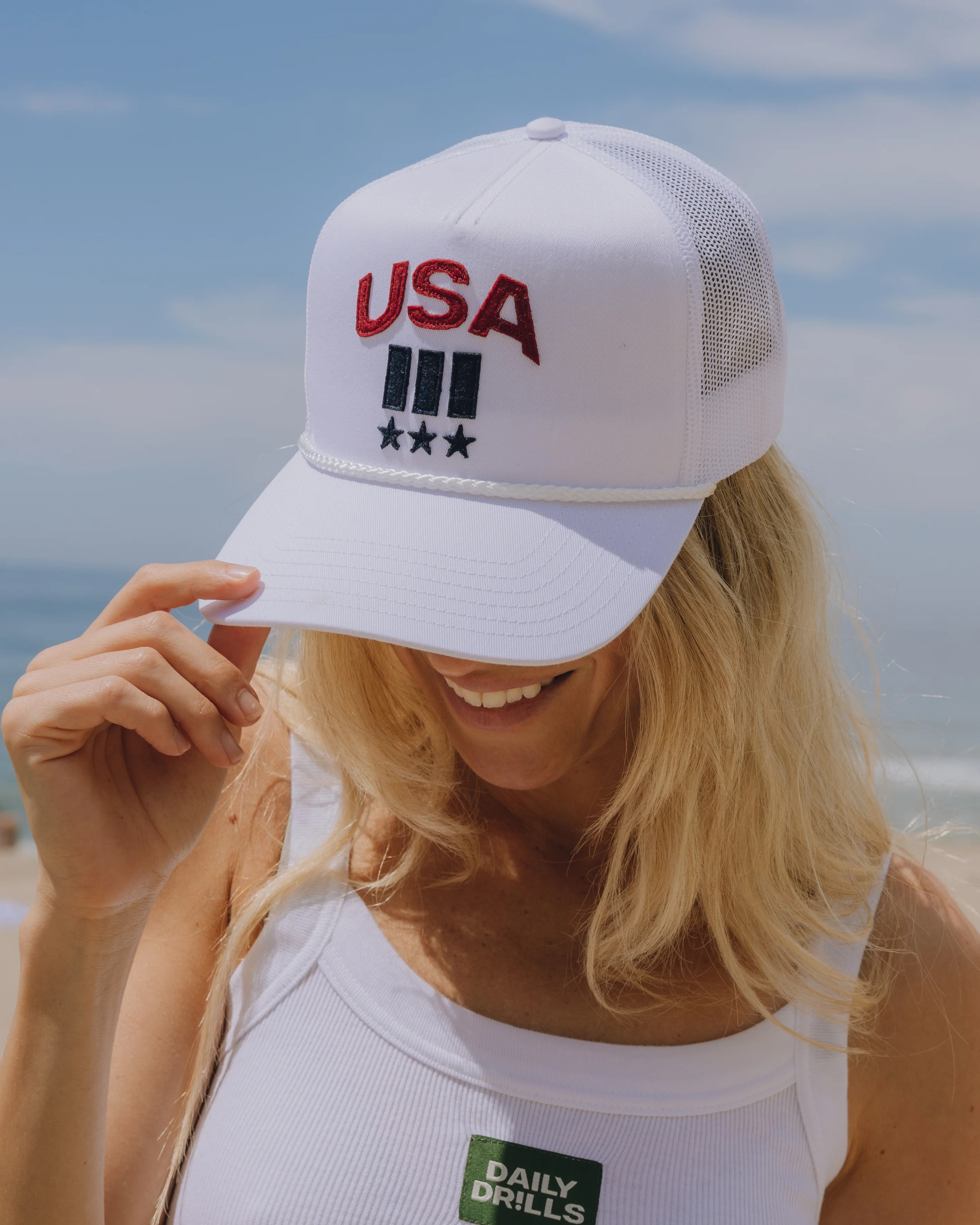 USA Trucker Hat - White with Red + Navy | Daily Drills