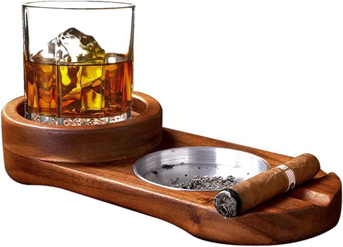 Cigar Ashtray Coaster/Whiskey Glass Tray and Cigar Holder, Wooden Cigar Ashtray, Slot to Hold Cig... | Amazon (US)