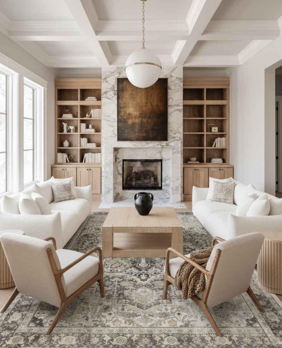 A warm, refined living room layered with soft neutrals, organic textures, and rich, earthy tones. The space centers around the marble fireplace, its veining in warm taupes and soft grays creating a striking yet elegant focal point. Above it, the deep bronze and amber abstract artwork adds a dramatic wash of color and brings warmth to the cool stone.

Framing the fireplace are natural oak built-ins in a light honey tone, styled with cream ceramics, warm wood accents, and neutral books that keep the look calm and curated. The coffered ceiling in crisp white adds architectural depth and enhances the room’s bright, airy feel.

The seating area mixes comfort with classic lines:
• The ivory textured armchairs with natural oak frames add warmth and sculptural beauty.
• The cream sofa keeps the palette light and serene, styled with taupe and beige patterned pillows for subtle depth.
• Draped over the side, the chunky knit throw in warm caramel brown brings in a cozy, grounded texture.

At the center, the light oak coffee table in a sandy beige tone anchors the space with clean lines and a soft matte finish. A charcoal black ceramic vase adds contrast and a modern touch.

Underfoot, the vintage-style rug ties everything together with its muted blend of taupe, warm gray, ivory, and soft olive—a perfect foundation that echoes both the artwork and the marble.

Overhead, the white globe pendant with brushed brass trim brings a soft, diffused glow and complements the room’s warm wood accents.

✨ Shop the look:
Marble fireplace | Bronze abstract artwork | Natural oak built-ins | Ivory textured armchairs | Cream sofa | Taupe patterned pillows | Caramel chunky knit throw | Light oak coffee table | Charcoal ceramic vase | Neutral vintage rug | White globe pendant with brass trim 

Black Friday 

 #LTKStyleTip

#LTKSaleAlert #LTKHome #LTKCyberWeek