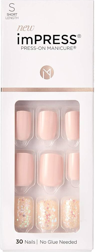 KISS imPRESS No Glue Mani Press On Nails, Design, 'Dorothy', Pink, Short Size, Squoval Shape, Inc... | Amazon (US)