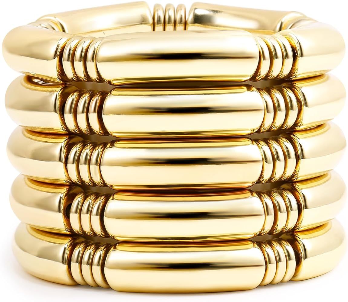 Gold Chunky Bangles Bracelets For Women 14k Gold Plated Stack Layered Curved Bamboo Tube Stretch ... | Amazon (US)