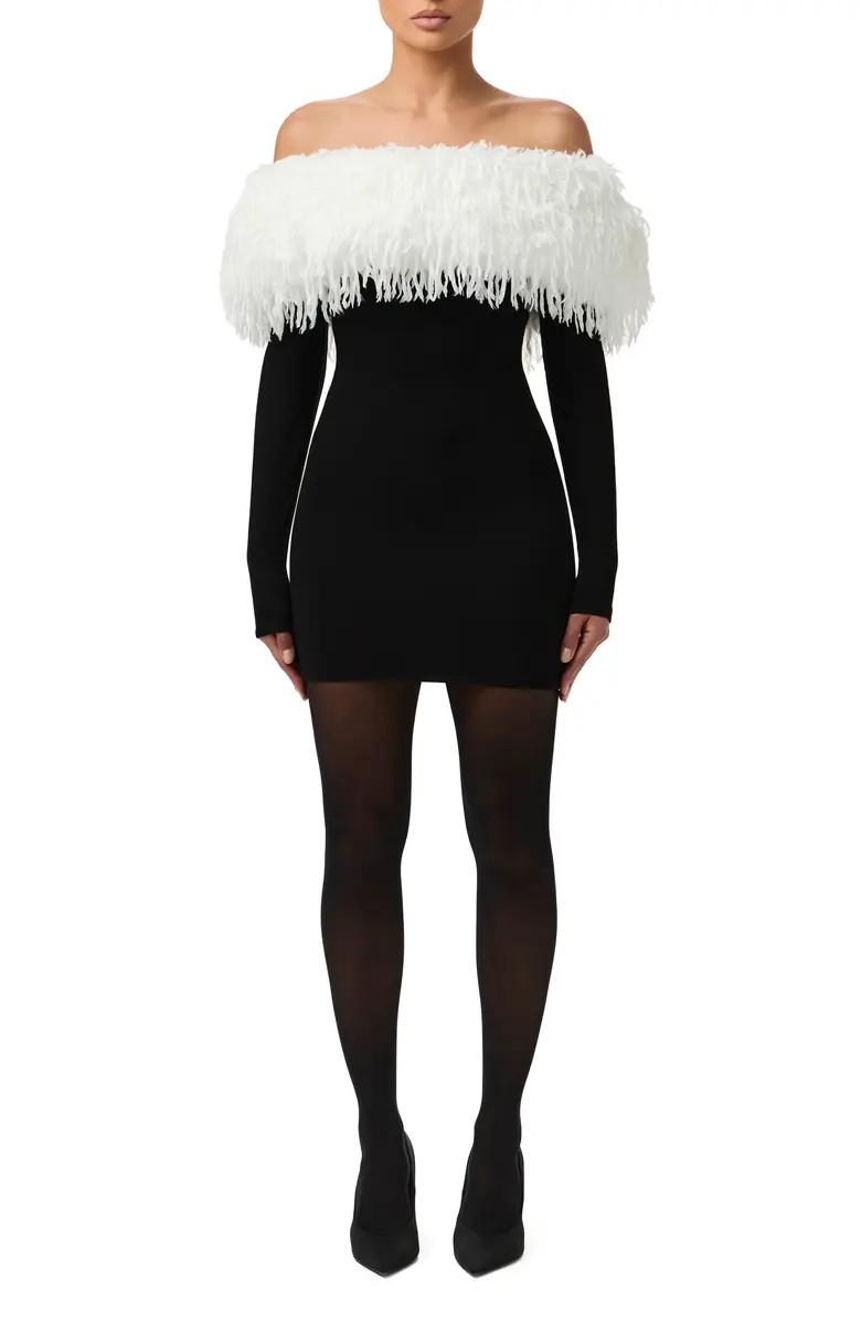 Naked Wardrobe Butter Faux Feather Trim Off the Shoulder Long Sleeve Minidress | Nordstrom | Nordstrom