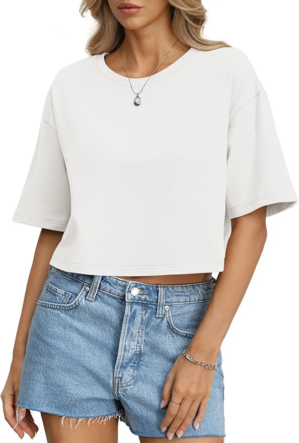 Womens Cotton Boxy Crop Tops Drop Shoulder Loose Fit T-Shirts Short Sleeve Crewneck Tees Summer C... | Amazon (US)