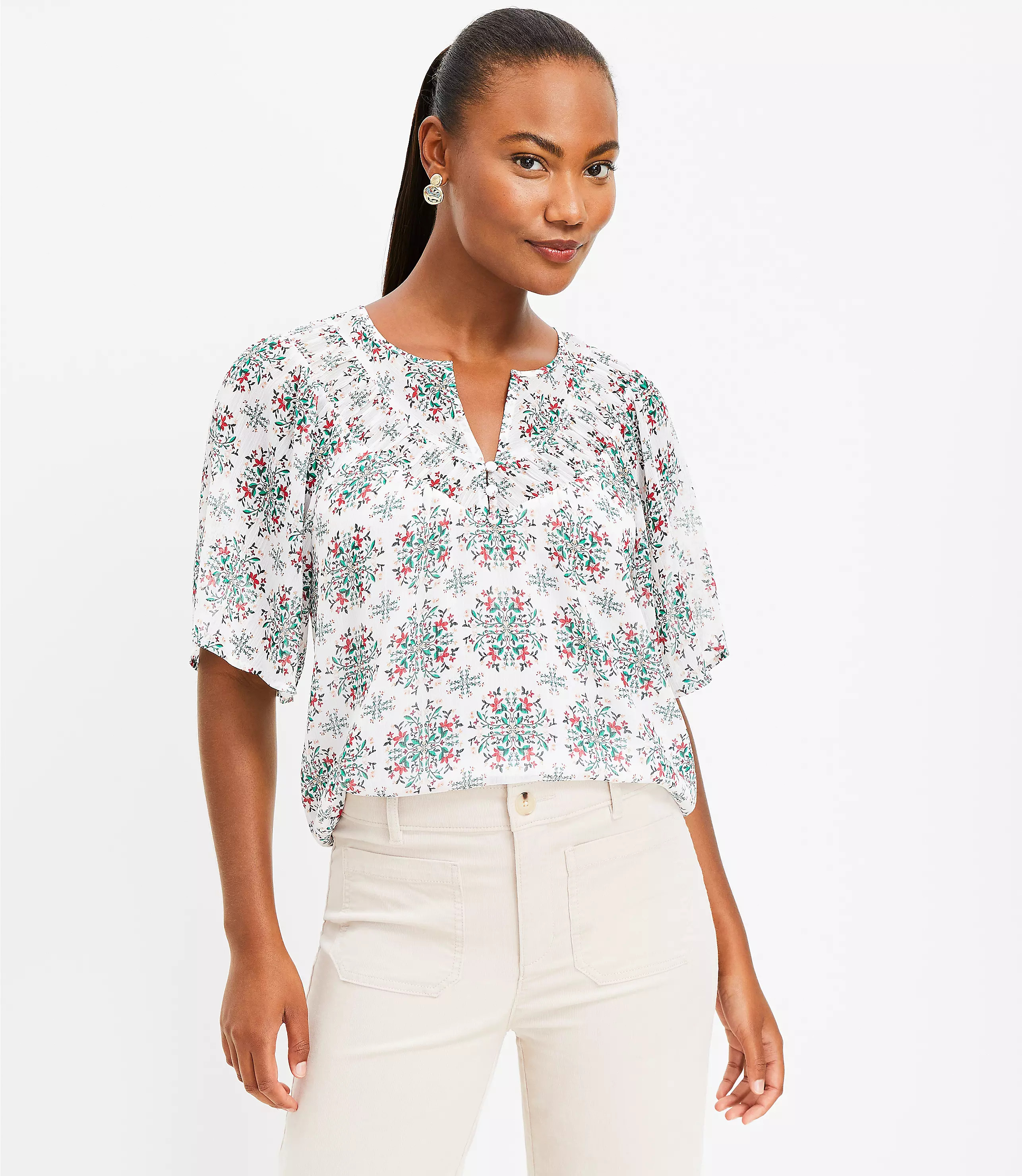 Floral Shirred V-Neck Top | LOFT