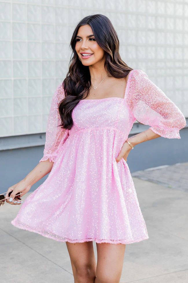 In Breakable Heaven Pink Puff Sleeve Sequin Mini Dress | Pink Lily