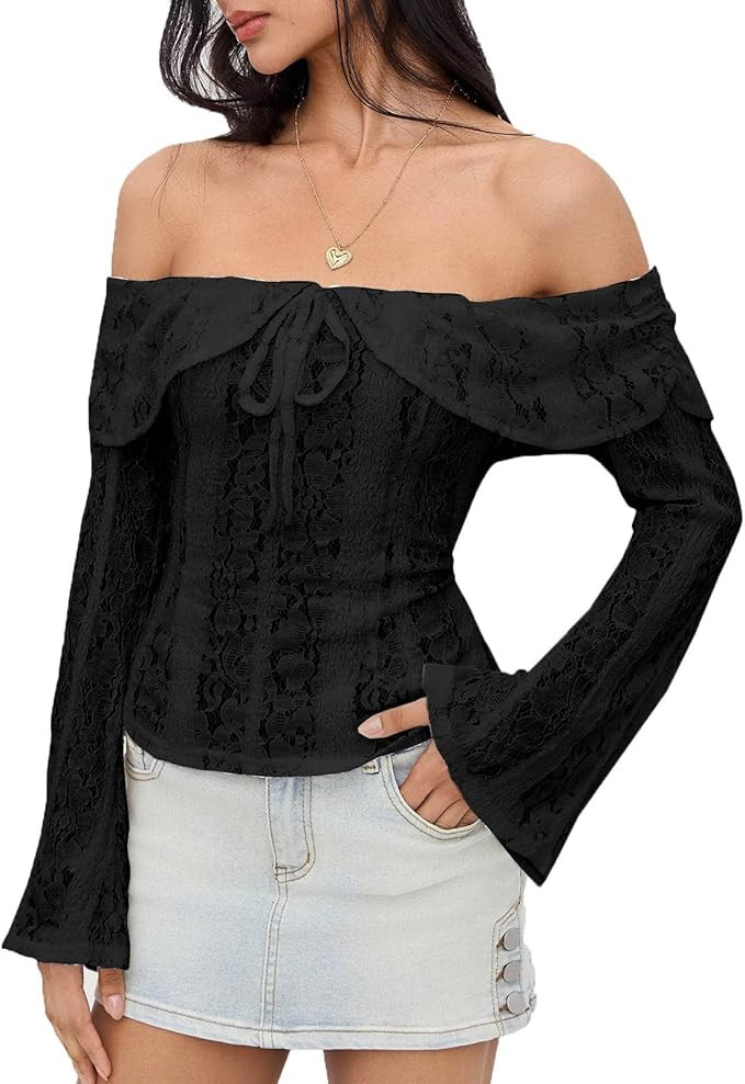 Women's Lace Off The Shoulder Top Long Sleeve Sheer Shirt Fall Casual Trendy Going Out Top Outfit... | Amazon (US)