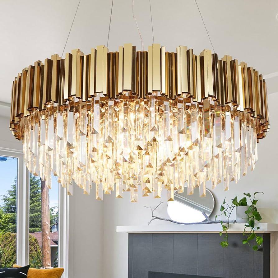 W27.6 Plated Gold Chandelier Modern Crystal Chandeliers for Dining Room Bedroom Foyer Kitchen Lig... | Amazon (US)