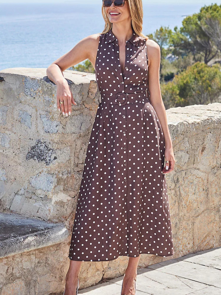 Sosandar Brown Spot Print Linen Blend Midi Shirt Dress | Next EU