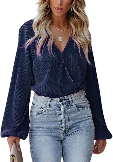 CUPSHE Women Long Lantern Sleeve Shirts Tops Dressy Casual Loose Fit V Neck Blouses | Amazon (US)