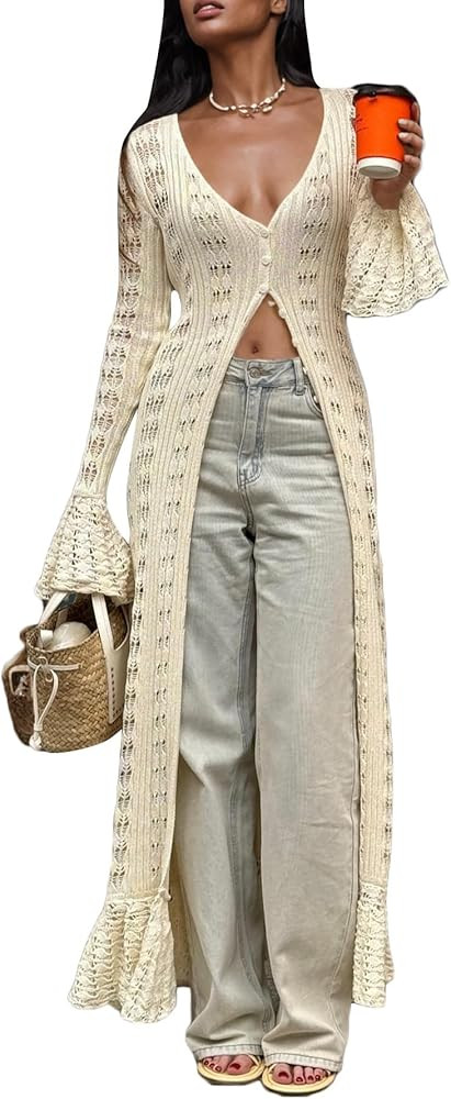 Crochet Cardigans for Women Hollow Out Knitted V Neck Long Sleeve Button Up Beach Cover Up Vacati... | Amazon (US)