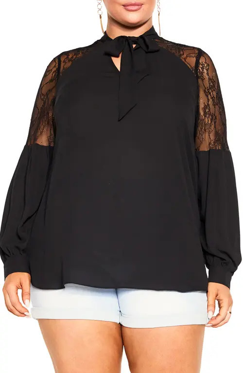 City Chic Lacey Tie Neck Top in Black at Nordstrom, Size Xxl | Nordstrom