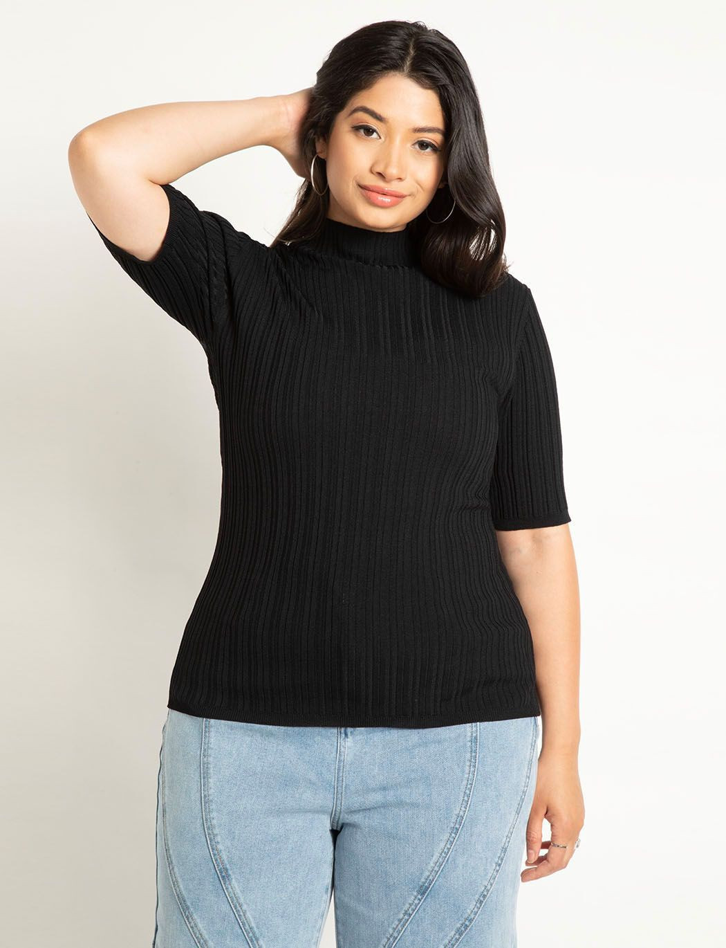 Sleek Funnel Neck Elbow Sleeve Sweater | Eloquii