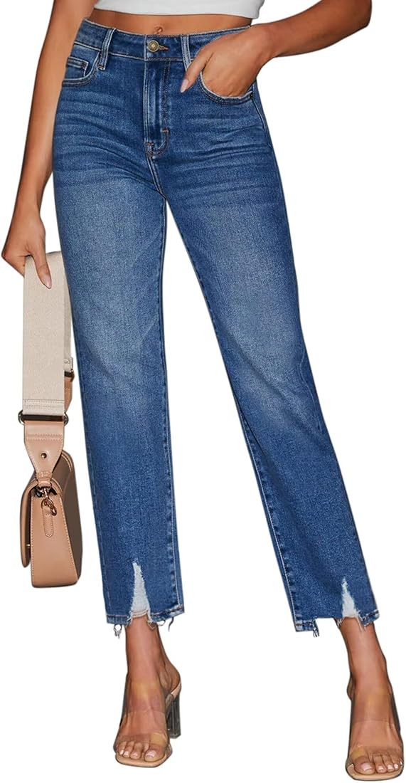 KDF Women's Cropped Straight Leg Jeans - High Waisted Jeans for Women 7/8 Length Denim Pants with... | Amazon (US)