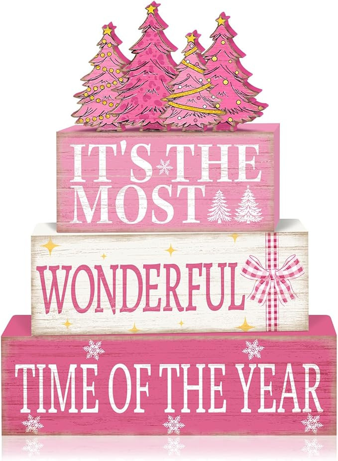 Britimes 4 Pcs Pink Christmas Table Decor Wooden Tiered Tray Sign, Farmhouse Rustic Holiday Decor... | Amazon (US)