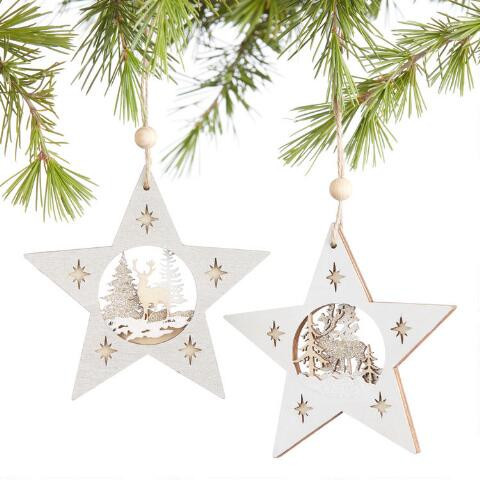 Laser Cut Wood Deer Star Ornaments Set Of 2 | World Market