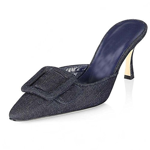 Divanne Heeled Mules for Women, Pointed Toe Slingback Pumps Buckle Kitten Heels Mules Slides Backless Dress Sandals-Black Denim-8.5cm-6.5M US | Amazon (US)