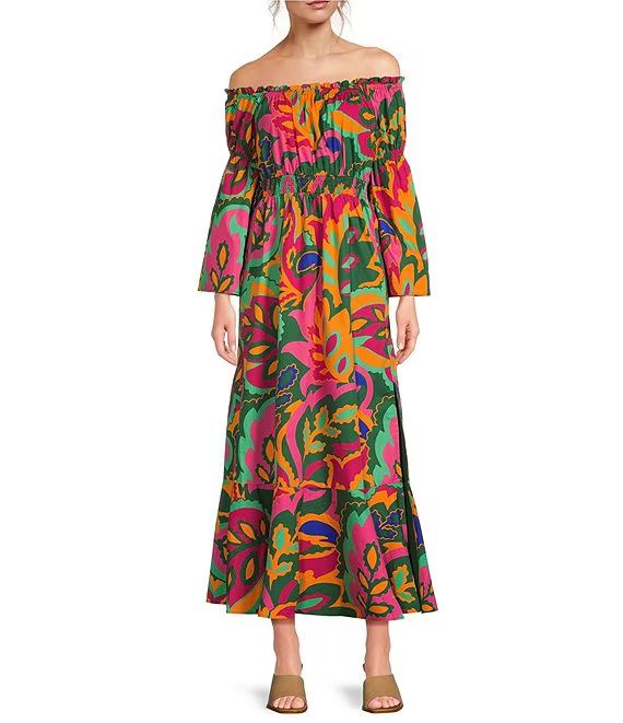 Sugarlips Poplin Tropical Print Off-The-Shoulder Long Bell Sleeve Front Slit Maxi Dress | Dillard... | Dillard's