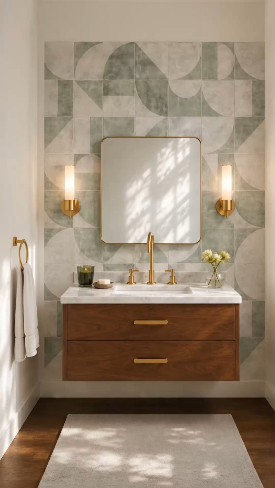 Imagine winding down here at the end of the day. ✨ Soft lighting, warm wood, brushed brass, and the muted geometric tile create such a calm, polished atmosphere — perfect for a quiet evening routine.

I love the floating wood vanity paired with the rounded brass mirror and wall sconces. The patterned tile adds just enough personality, while the candle, fresh flowers, towel ring, and plush bath mat keep the space feeling warm, inviting, and beautifully layered.

#PowderRoom #Bathroom #BathroomDesign #BathroomDecor #BathVanity #FloatingVanity #WoodVanity #VanityMirror #BathroomMirror #BrassMirror #VanityWallSconces #WallSconce #BathroomLighting #BathroomTile #PatternedTile #GeometricTile #BathroomFaucet #BrassFaucet #BathroomHardware #TowelRing #BathMat #FlowerArrangement #Candle #EveningRoutine #EveningAtHome #ModernBathroom #ModernClassic #RelaxedElegance #InteriorDesign #HomeDecor #LTKdayinmylife #LTKHome #LTKvlog

#LTKSaleAlert #LTKHome #LTKdayinmylife