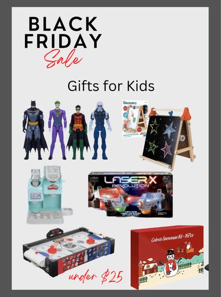 Gift ideas for kids all on sale under $25 for Black Friday. Includes a super hero and villain figure set, a table, top chalk and drawing board, a Play-Doh kitchen, cooking set, laser tag, set that works long range, tabletop air, hockey, and a snowman building kit.

#LTKunder50 #LTKGiftGuide #LTKkids