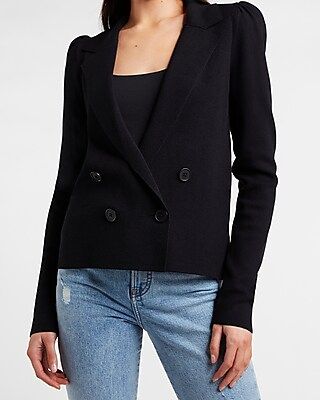 Cropped Double Breasted Puff Sleeve Sweater Blazer | Express